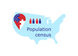 © Irene - Population census in the USA. Map of the United States, people silhouettes, geolocation sign in the colors of the national flag. Vector illustration isolated on a white background.