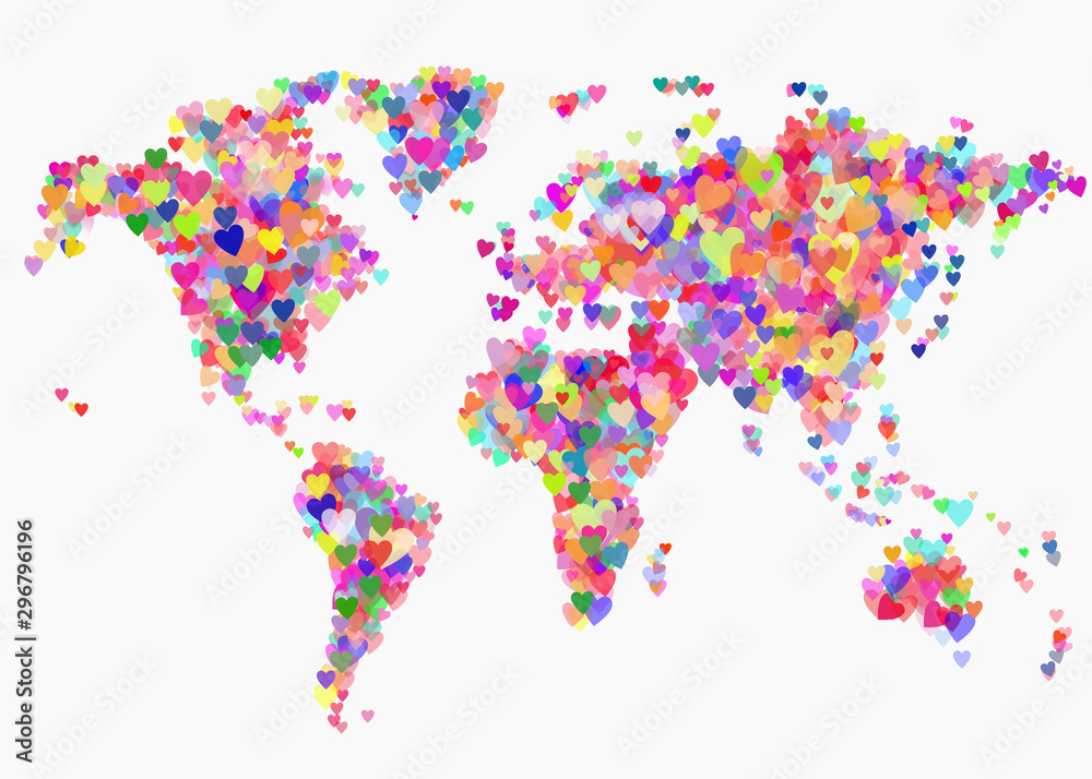Mapa świata z kolorowymi sercami. Planeta ziemia z symbolem miłości - obrazy, fototapety, plakaty 
