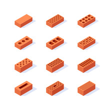 Brick Isometric Icons In Flat Style, Vector