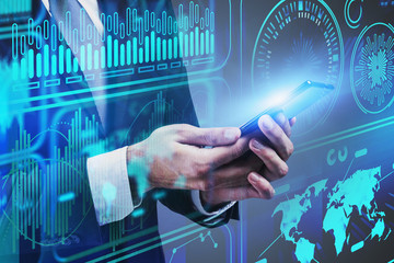 Poster - Man with smartphone, futuristic interface