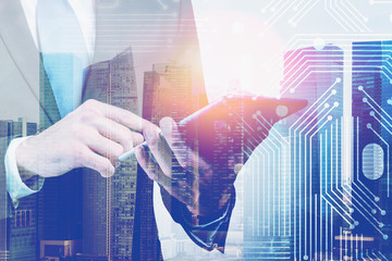 Poster - Businessman with tablet in city, circuit interface