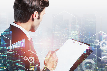 Poster - Businessman in night city, digital interface