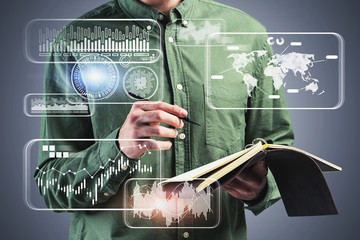 Poster - Casual man with notebook, digital interface
