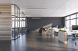 Gray and dark wood open space office interior