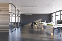 Gray And Dark Wood Open Space Office Interior