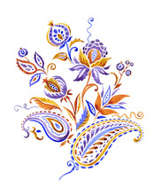 Bouquet In Paisley Style, Decorative Composition For Design, Watercolor Painting On Isolated White Background.