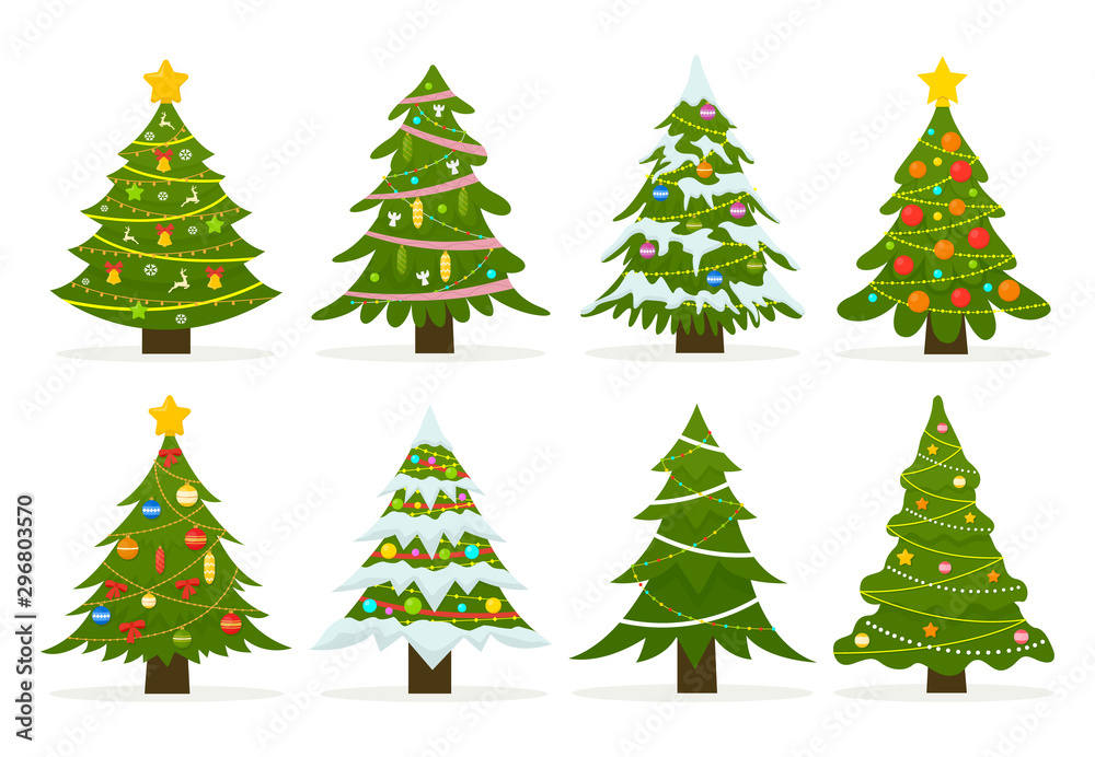 Christmas trees set isolated on white background. Colorful winter trees collection for holiday xmas and new year. Vector illustration. - obrazy, fototapety, plakaty 