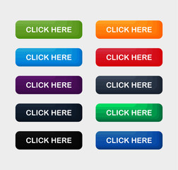 Wall Mural - click here colorful button set. icons web isolated on white background. vector illustration.