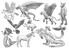 Mythological Creatures, Illustration, Drawing, Engraving, Ink, Line Art, Vector