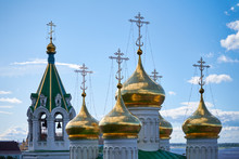 Domes Of Orthodox Church. Golden Crosses Of Russian Church. Sacred Place For Parishioners And Prayers For Salvation Of Soul.