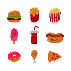 Wall Mural - set of cute funny fast food kawaii style icons isolated on white background. illustration vector.  