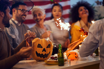 Halloween Party.Happy Halloween with a scary faces pumpkin.