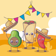 Canvas Print - avocado and pepper with mexican hat kawaii