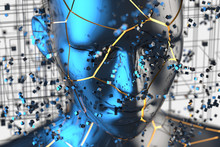 Blue Metal Human Head With Particles, 3d Rendering.