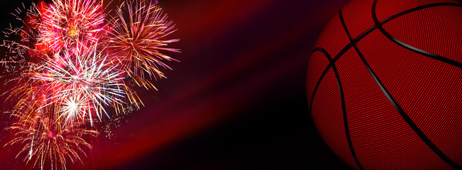 Wall Mural - basketball, fireworks, colorful sylvester-fireworks on black background with ball and coloured accen