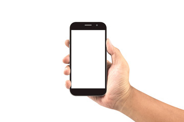 Wall Mural - hand holding black smartphone with blank screen isolated on white