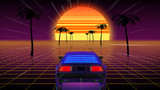 Fototapeta  - 3D rendering bright retro futuristic world of computer space in the style of science fiction of the 80s. Futuristic car in virtual space