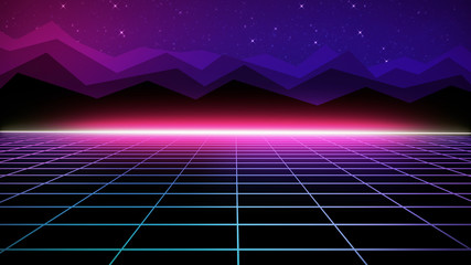 3D rendering retro futuristic bright background with a grid. 80s graphic design, retro fantasy