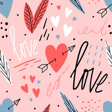 Hand Drawn Love Seamless Pattern With Hearts, Lettering, For Print, Textile, Wallpaper. Modern Abstract Kids Background.