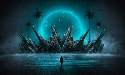Wall Mural - modern futuristic neon abstract background. large object in the center, space background. dark scene