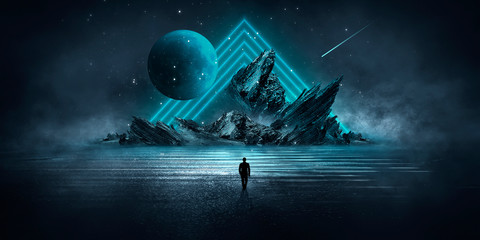 Wall Mural - modern futuristic neon abstract background. large object in the center, space background. dark scene