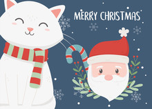 Santa And Cat Candy Cane Merry Christmas Card