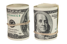 Set Of Two Rolls Of Hundred Us Dollars Standing Up And Isolated On White Background