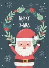 Santa Wreath Floral Snowflakes Merry Christmas Card