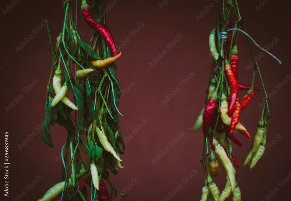 Organic red chillies or chilli peppers drying in a old house. Peppers ...