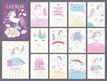 Monthly Calendar 2020 With Cute Unicorn Characters