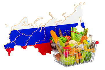 Poster - Purchasing power and market basket in Russia concept. Shopping basket with Russian Federation map, 3D rendering