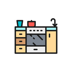 Sticker - Cooker, furniture for kitchen flat color line icon.