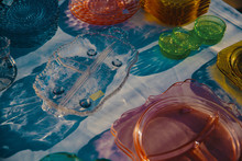 Variety Of Colorful Vintage Glass Trays And Plates