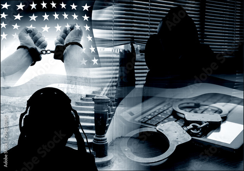 Fotografía Surveillance of citizens, special services and special agents eavesdrop on secret conversations, photo collage in contour lighting
