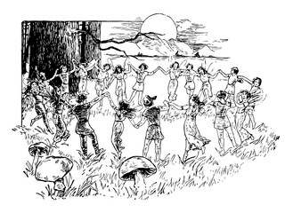 Wall Mural - Elves and Fairies Dancing Germanic mythology vintage engraving.