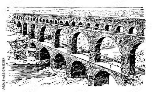 Fotografía A Roman Aqueduct ancient Nemausus vintage engraving.