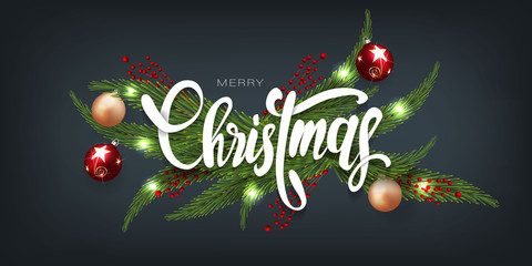 Merry Christmas and happy new year banner. Realistic Tree Branches and lights Xmas design, handwriting christmas font