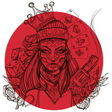 Girl Death. Portrait Of A Woman With Halloween Makeup. Day Of The Dead A Coloring Face. Bandit Woman For T-shirt Design Or Print.