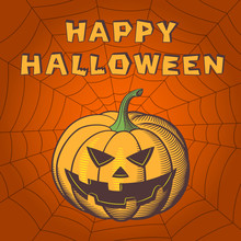 Happy Halloween Greeting Card. Stylized Image Of Jack O Lantern On Orange Background With Cobweb. Retro-style Vector Illustration