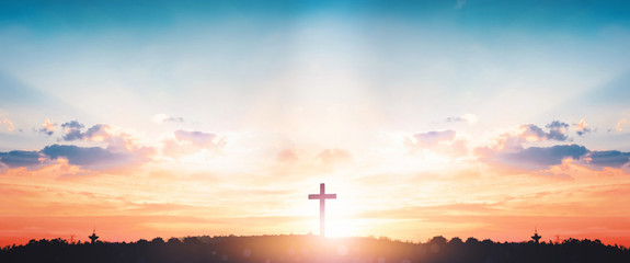 resurrection of jesus christ concept: god lamb in front of the cross of jesus christ on sunrise back