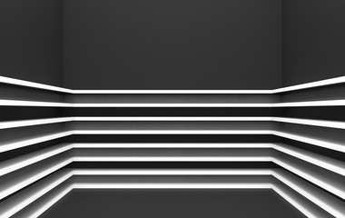 Poster - 3d rendering. modern parallel gray panels pattern on dark corner room wall background.