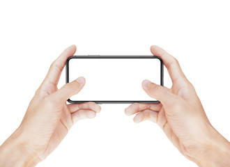 Poster - Isolated close up hand holding smartphone with blank screen on white background.