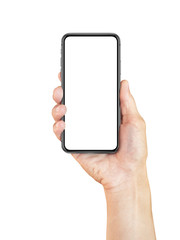 Poster - Isolated close up hand holding smartphone with blank screen on white background.