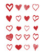 Set of scribble red hearts icon. Collection of heart shapes draw the hand. Symbol of love. Design elements for Valentine's Day card. Vector hearts. Doodle. Vector illustration.