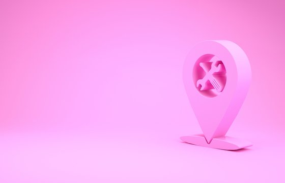 Pink Location with crossed screwdriver and wrench tools icon isolated on pink background. Pointer settings symbol. Minimalism concept. 3d illustration 3D render
