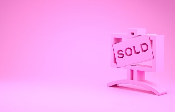Pink Hanging sign with text Sold icon isolated on pink background. Sold sticker. Sold signboard. Minimalism concept. 3d illustration 3D render