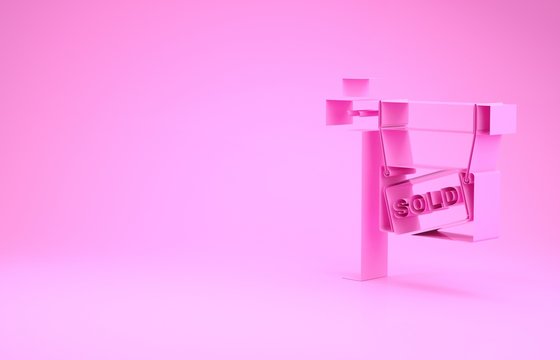 Pink Hanging sign with text Sold icon isolated on pink background. Sold sticker. Sold signboard. Minimalism concept. 3d illustration 3D render