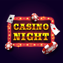 Canvas Print - Casino Night retro sign board with poker chips.