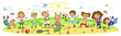 Kindergarten, school children sport activity. Soccer, running, jumping, football, tennis, gymnastic