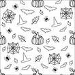 © elenaverhoturova - Autumn coloring antistress Halloween, seamless monochrome pattern with pumpkins, bats, acorns, leaves, hat, spiders, cobwebs Monochrome halloween seamless pattern, great design for any purposes.